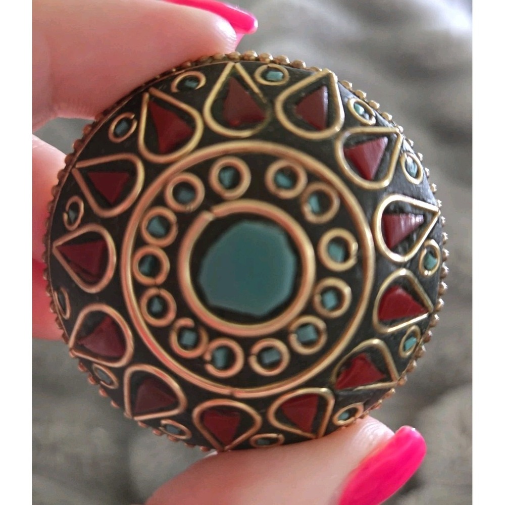 Boho Statement Ring Gold Tone Turquoise Red Mosaic Inlay Oversized Dome Ring